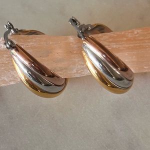 Tri-tone hoop earrings- silver, yellow gold, rose gold tone - New in package-
